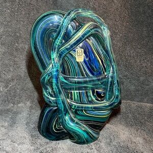 Mdina Malta Art Glass Sculpture with Blue Yellow and Green Swirls